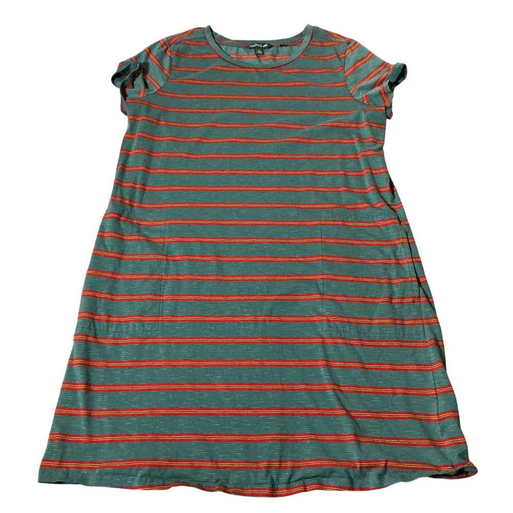 Toad&Co Windmere II Striped T-Shirt Dress Womens Large Teal Red Pockets Stretch